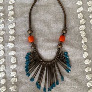 Vintage Orange and Blue Tassels and Beads Metal on String Statement Necklace